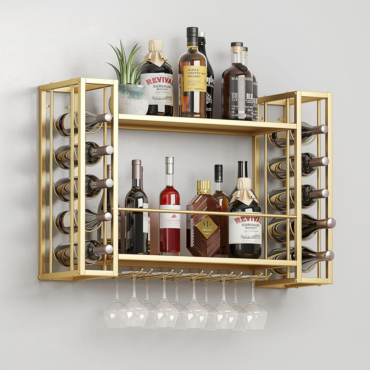 Wall Mounted Wine Rack, Hanging Floating Bar Liquor Shelves with Glass Holder, Metal Bottle Holder