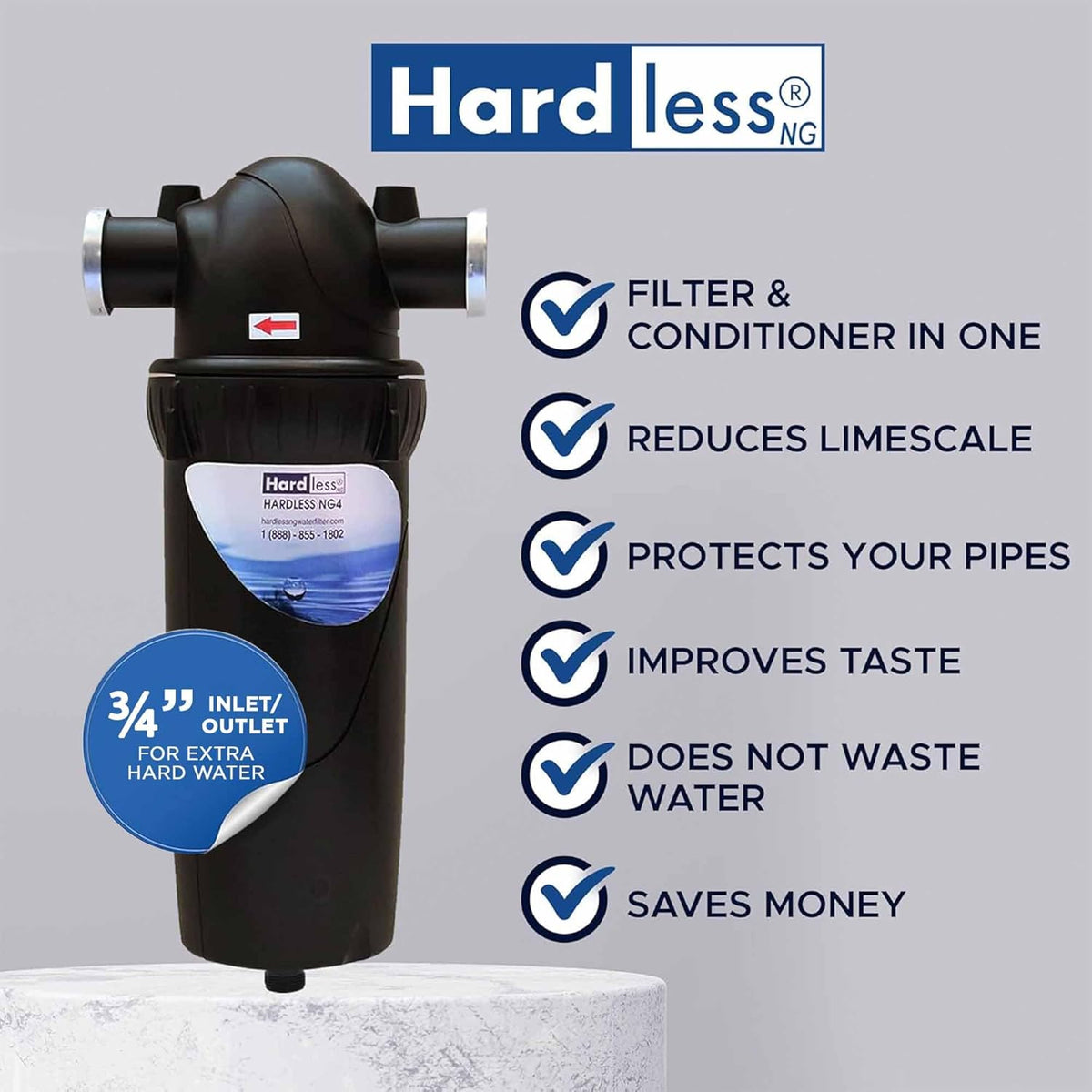 Hardless NG4L Whole House Water Filter- Salt-Free Softening Device - Reduces Limescale, Sediment &