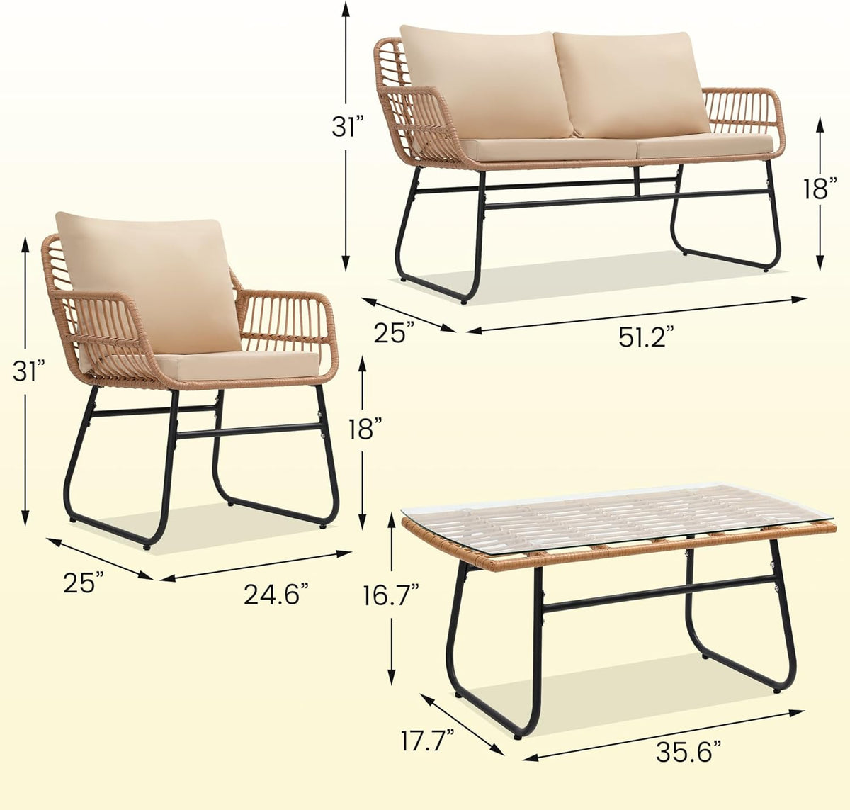 Kromax 4 Piece Patio Bistro Outdoor Furniture Set, Wicker Sofa, 2 Rattan Chairs, and Table
