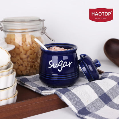 HAOTOP 12oz Sugar Bowl with Lid and Spoon,Ceramic Sugar Jar Sugar Dispenser Sugar Container Coffee