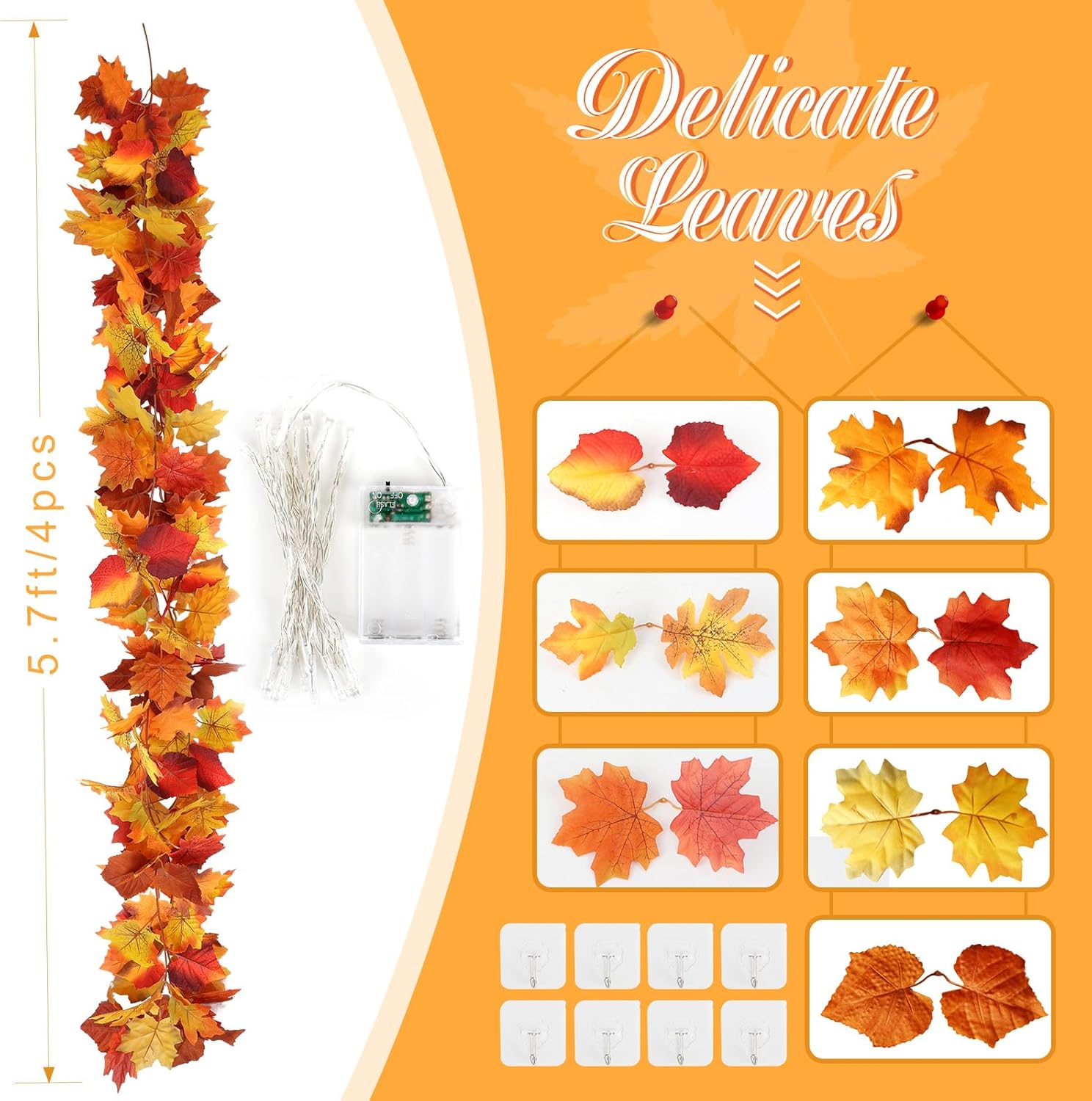 Joyhalo 4 Pack Fall Garland with Lights, Fall Leaves for Mantle, Outdoor Lighted Up Leaf Garland