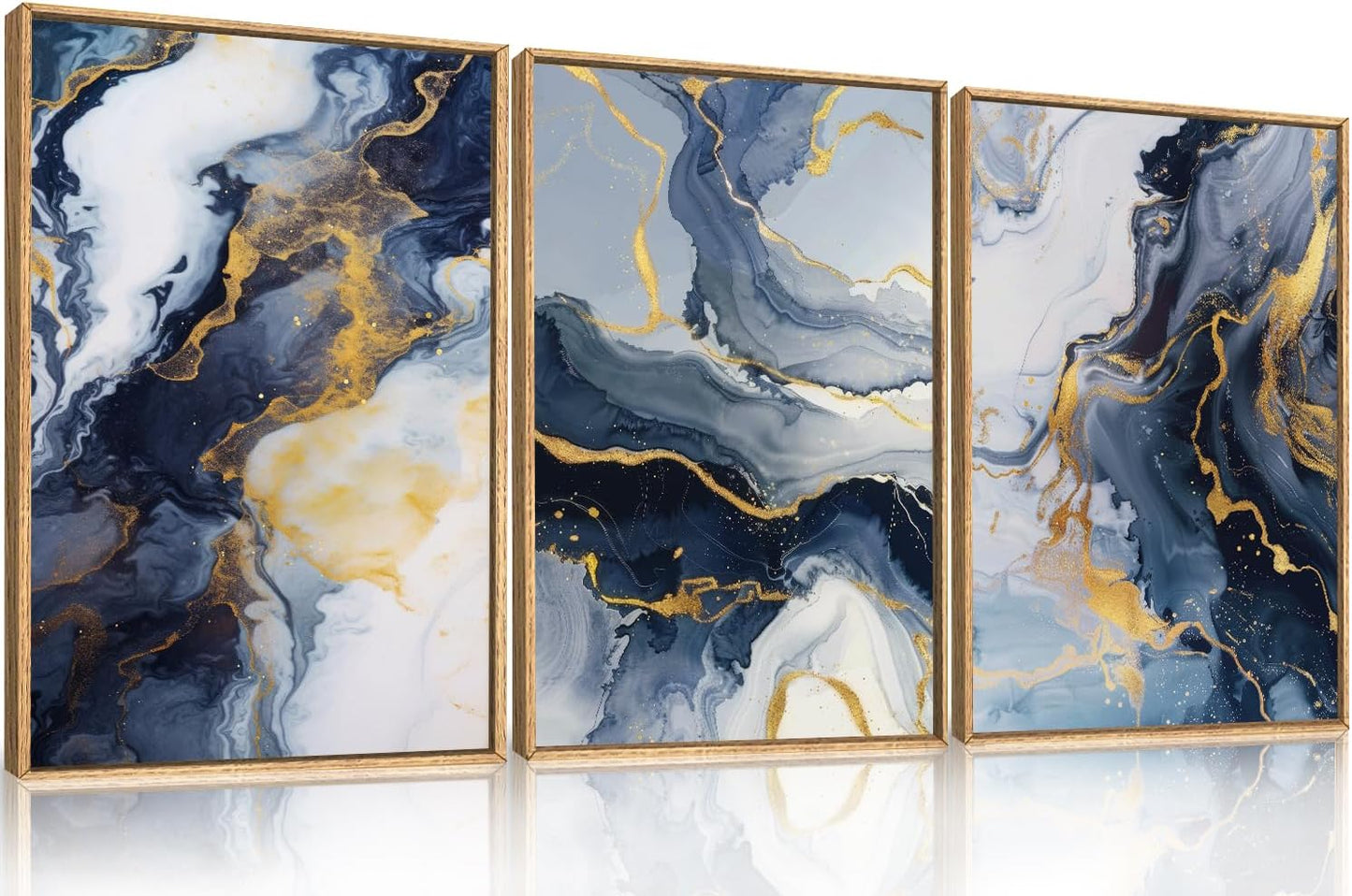 Celestdeco Blue Abstract Framed Canvas Wall Art Set, Blue Golden Aesthetic Wall Decor, Navy Blue