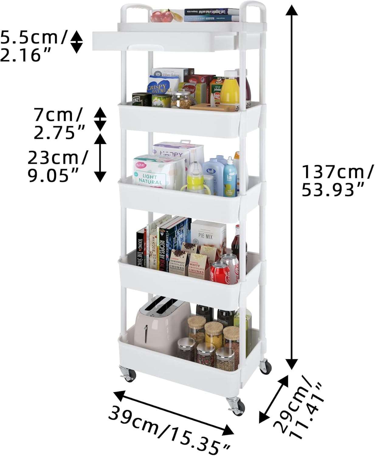 Calmootey 5-Tier Rolling Utility Cart with Drawer,Multifunctional Storage Organizer with Plastic