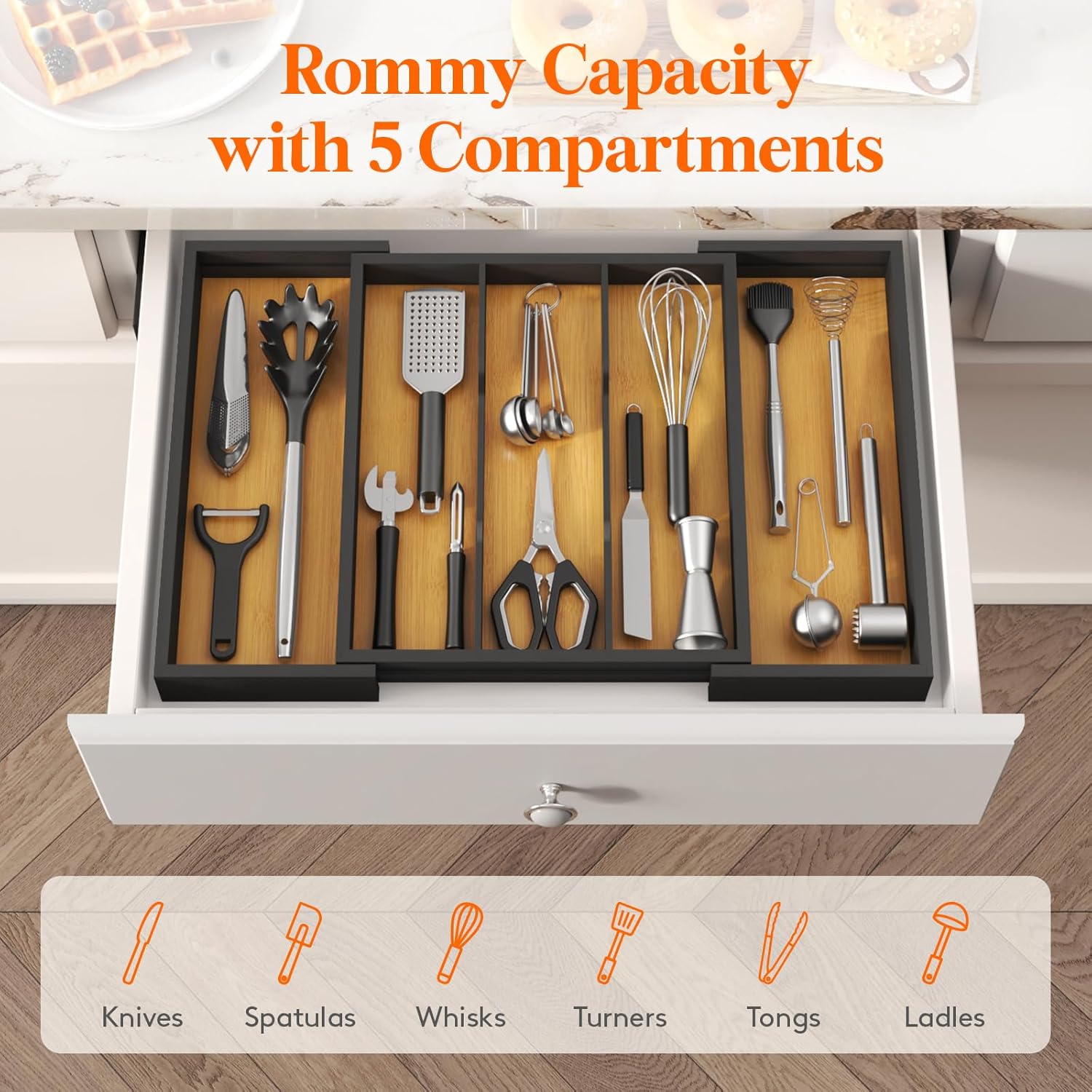 Lifewit Utensil Organizer for Kitchen Drawer, Bamboo Cooking Utensil Tray, Expandable Cutlery