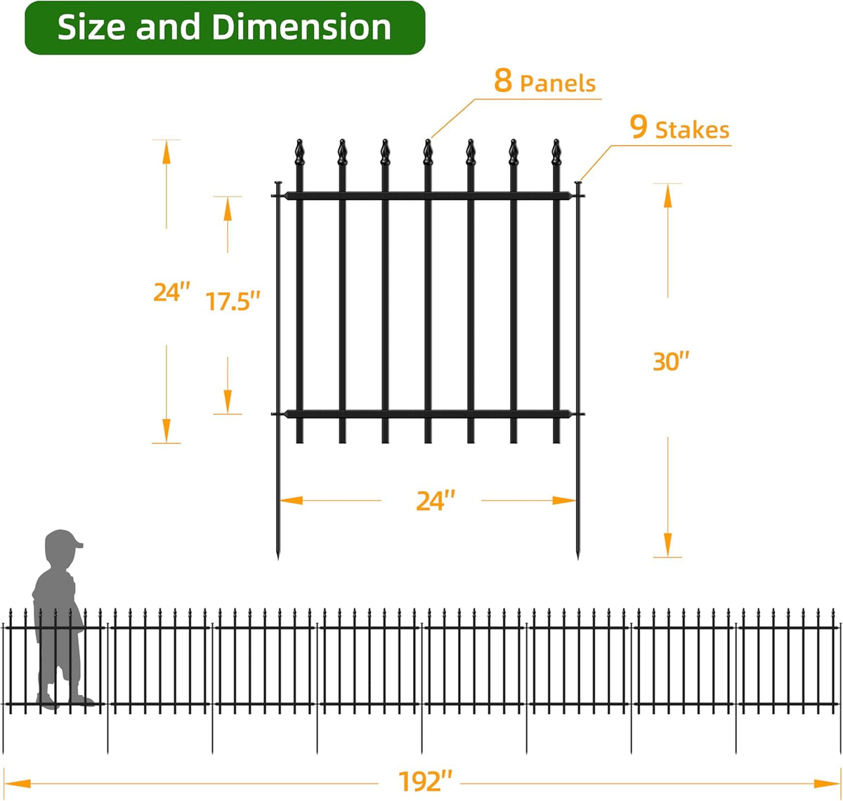 Decorative Metal Garden Fence 24 in H x 16 ft L,8 Panels + 9 Stakes Border Fence Panels Animal