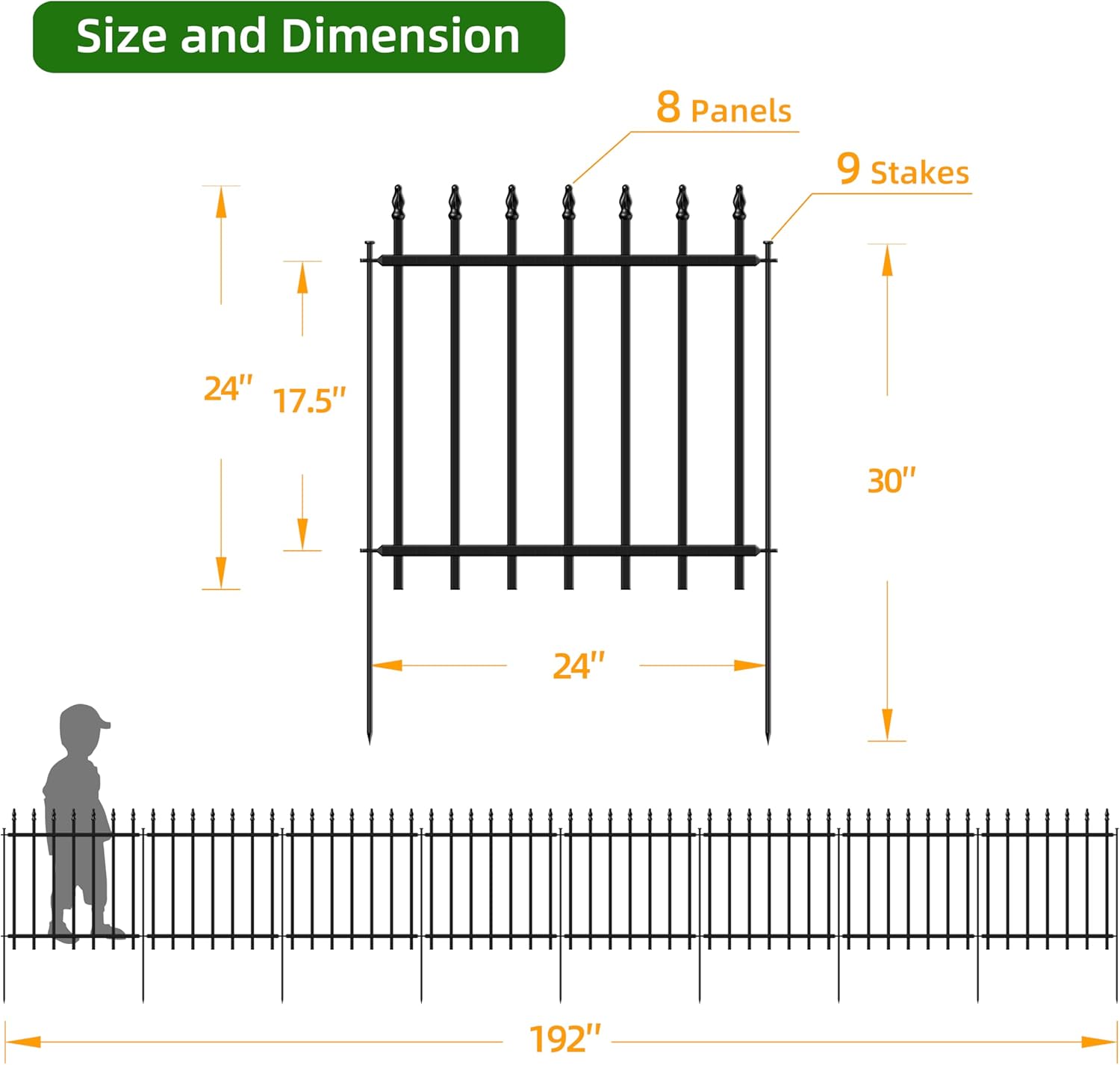 Decorative Metal Garden Fence 24 in H x 16 ft L,8 Panels + 9 Stakes Border Fence Panels Animal