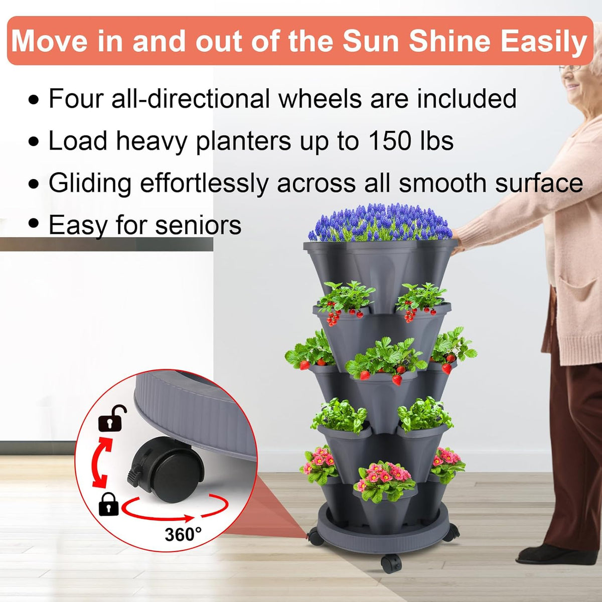 DUNCHATY Stackable Planter, Vertical Garden Planter with Wheels and Tools, Self Watering Strawberry