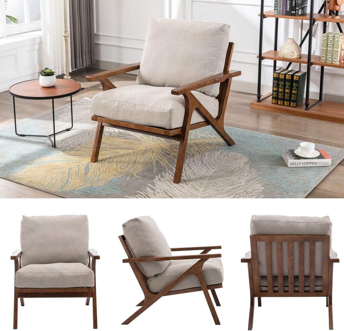 HNY Mid Century Chair, Faux Leather Upholstered Accent Armchair with Wood Frame and Canvas