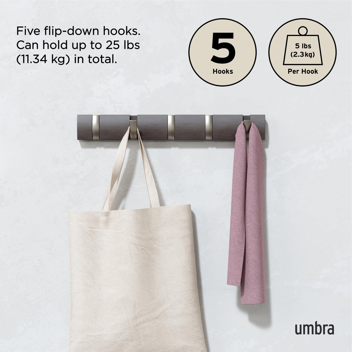 Umbra Flip Coat Rack, Wall Mounted 5-Hook Space Saving, Driftwood/Nickel
