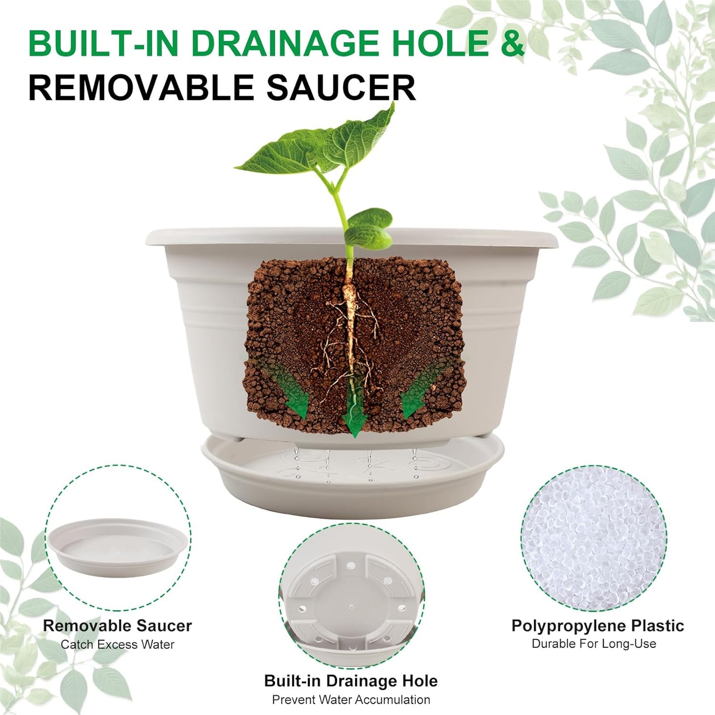 6 Pack 10 inch Plant Pot, Outdoor Pots for Plants with Drainage Hole & Tray Saucer, Round Plastic