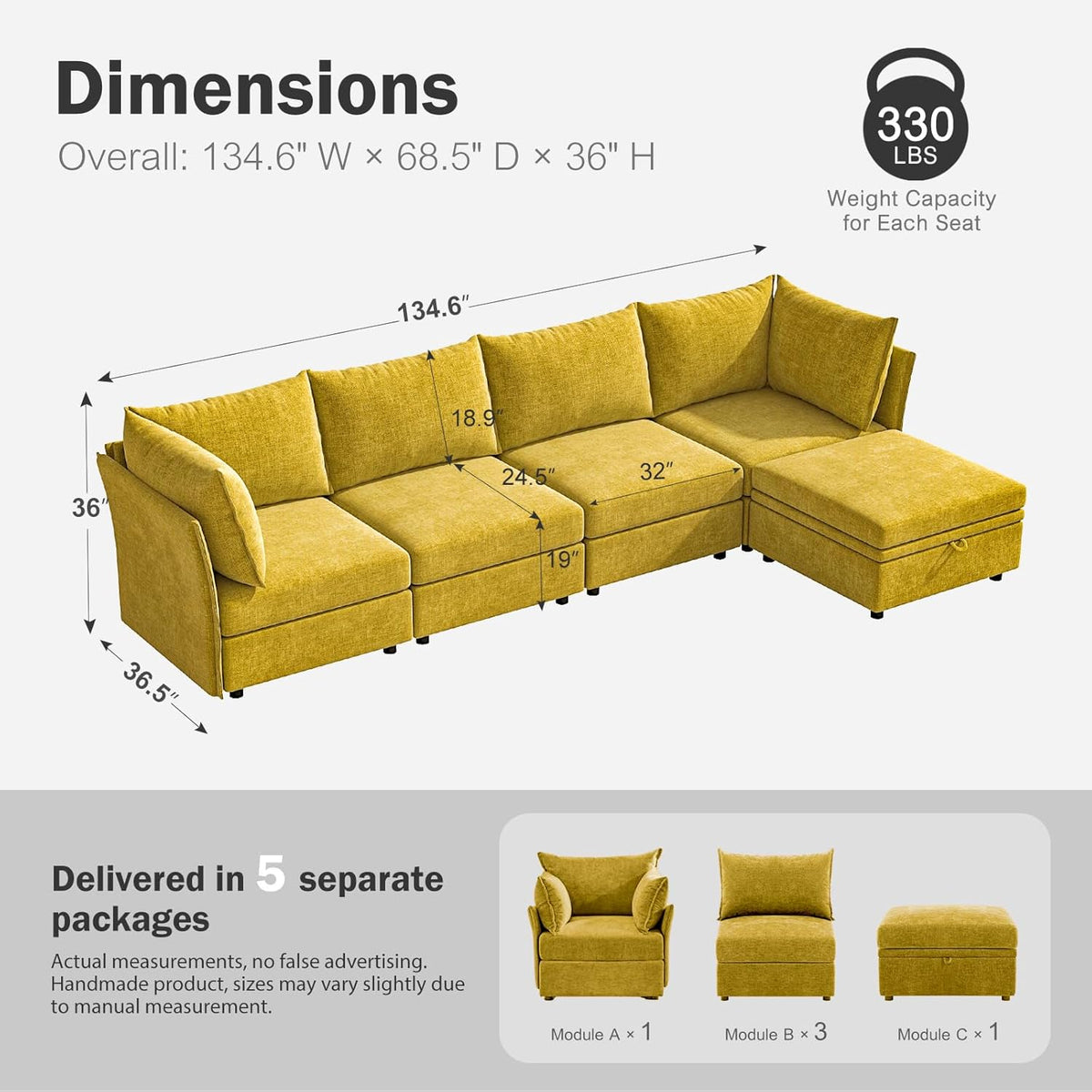 134.6" Luxury Modular Sectional Convertible Sofa with Storage Ottoman, L-Shape 5-Seat Oversized