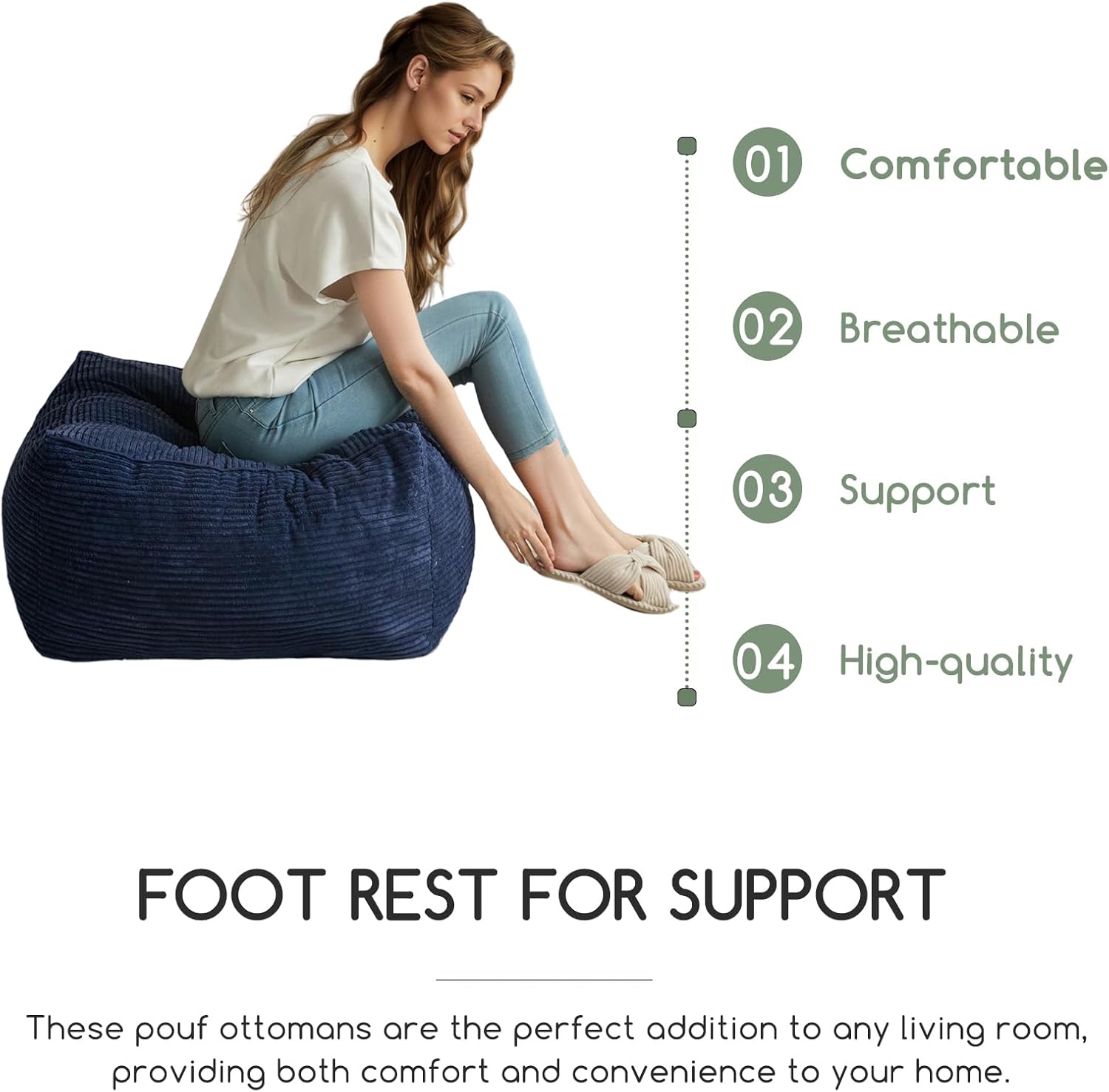 HIGOGOGO Square Stuffed Pouf Ottoman, Corduroy Poufs with Foam Chunk Filling, Furry and Fluffy Pouf