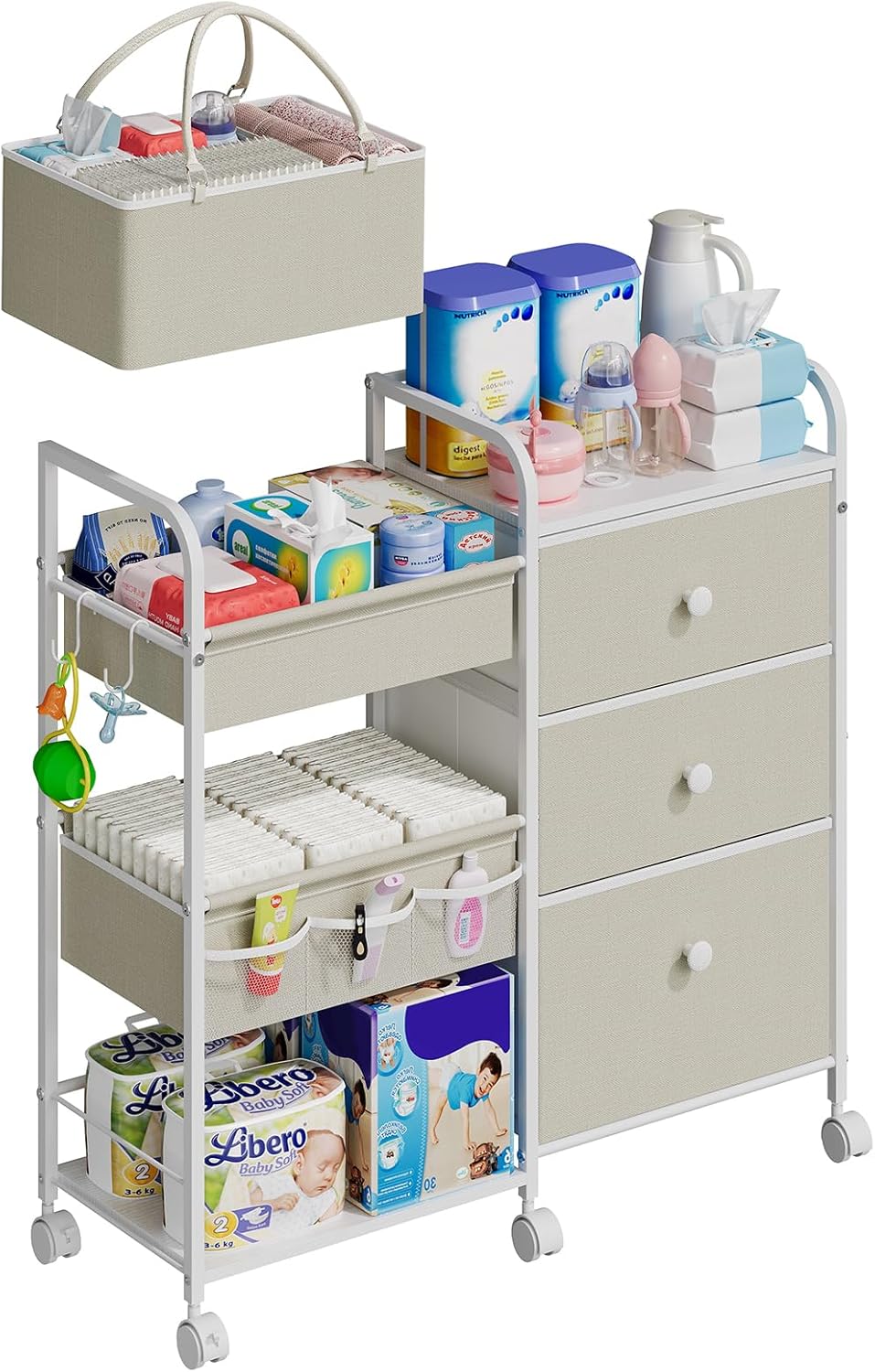 2In1 Baby Diaper Caddy Organizers and Storage, 3 Tier Rolling Cart with Dividers and Drawers