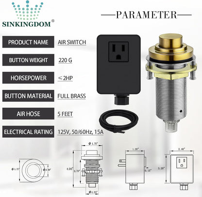 SinkTop Air Switch Kit (Long Full Brass Button) for Garbage Disposal, Cordless Champagne Bronze