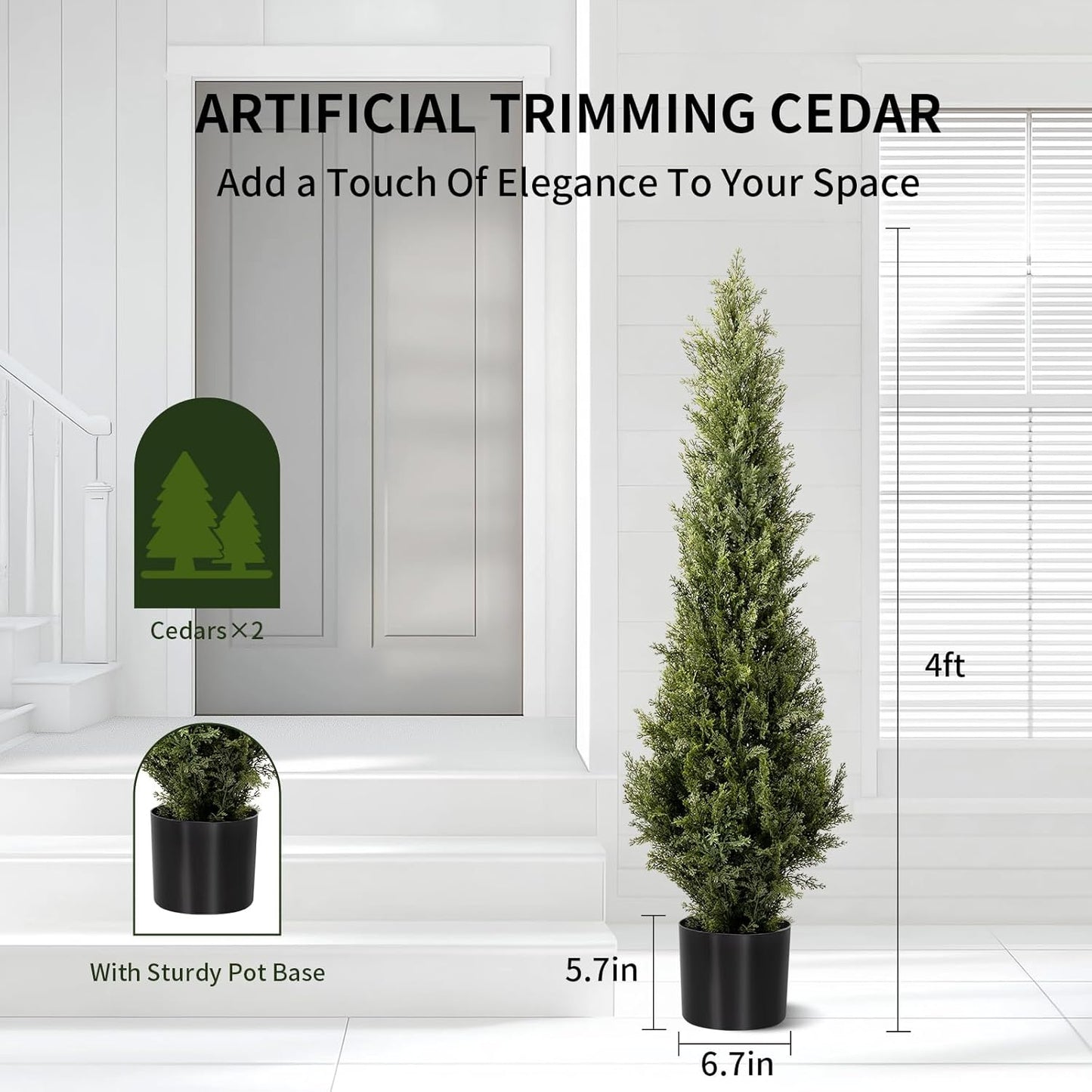 4 FT Artificial Cedar Topiary Trees 2 Set, Realistic Fake Cypress Tree Tall Faux Pine Shrubs Plants