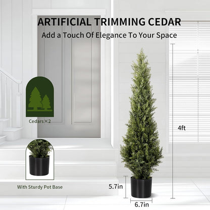 4 FT Artificial Cedar Topiary Trees 2 Set, Realistic Fake Cypress Tree Tall Faux Pine Shrubs Plants