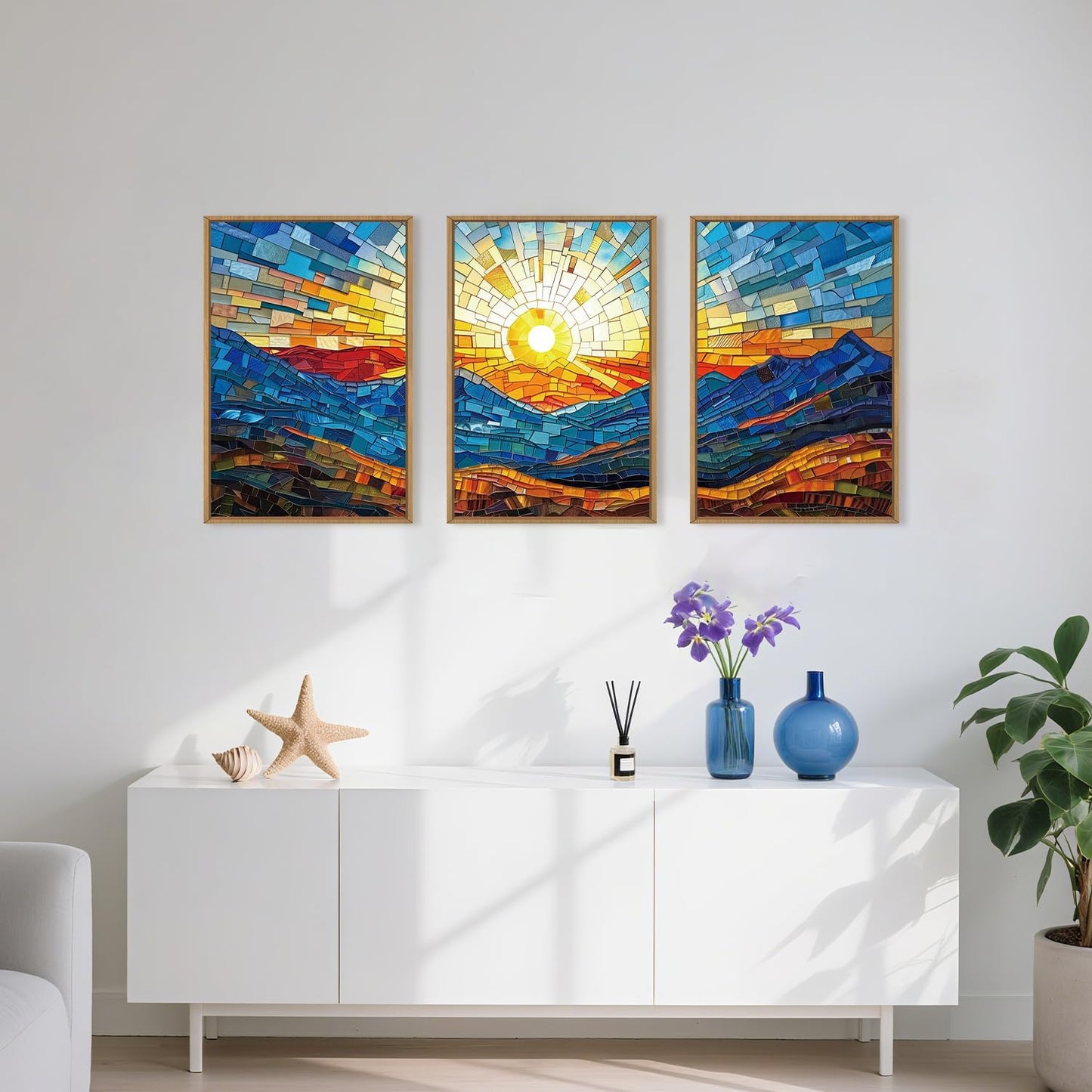 Mountains Framed Canvas Wall Art Set, Modern Abstract Art Painting, Irregular Square Ridge Wall
