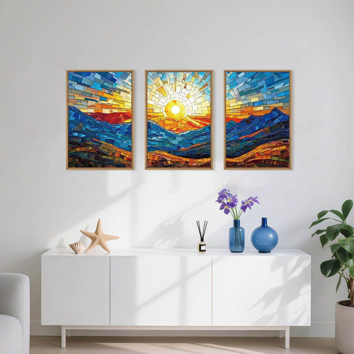 Mountains Framed Canvas Wall Art Set, Modern Abstract Art Painting, Irregular Square Ridge Wall