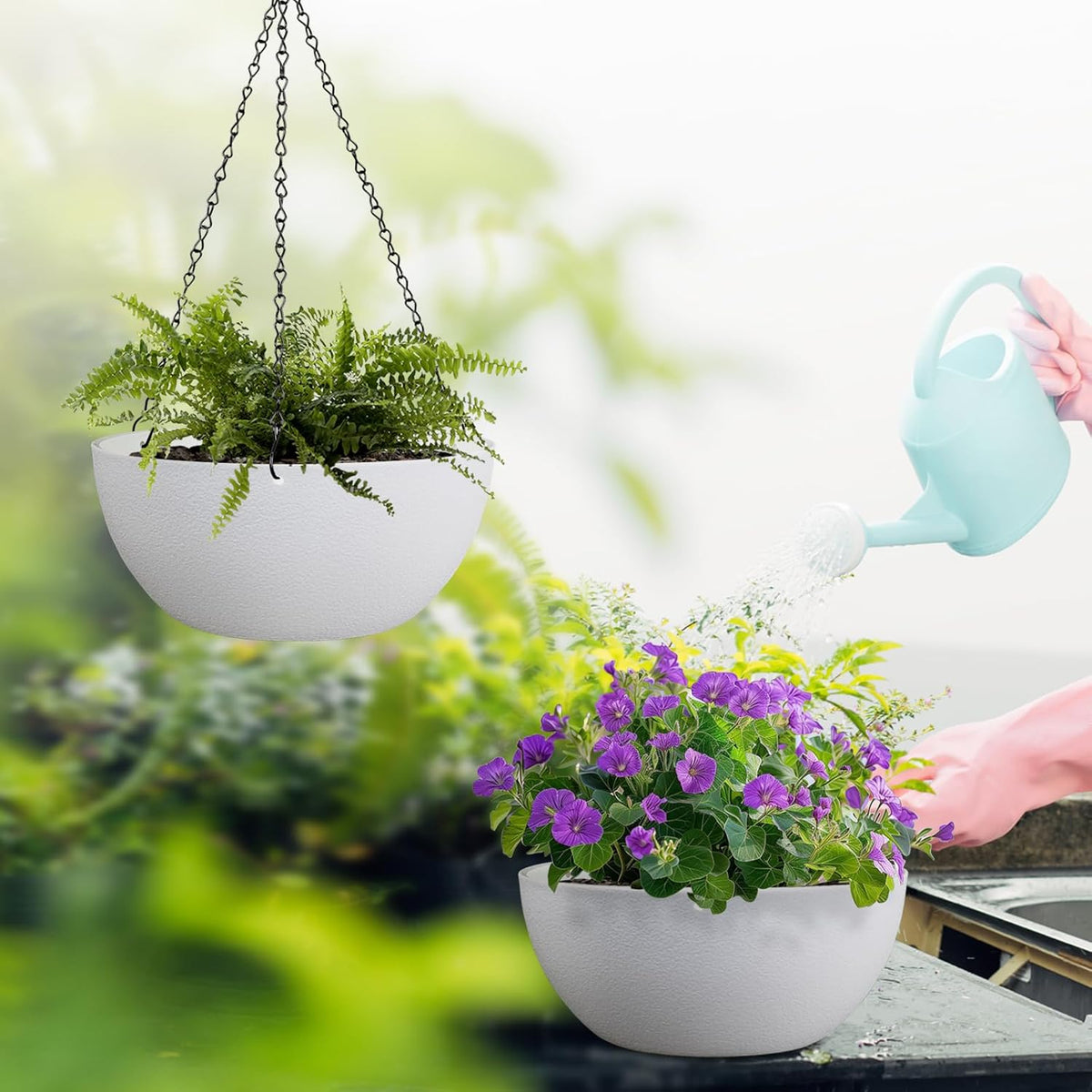 13 inch Large Hanging Planters Plant Pots for Outdoor Indoor Plants with Drainage Holes and Chain