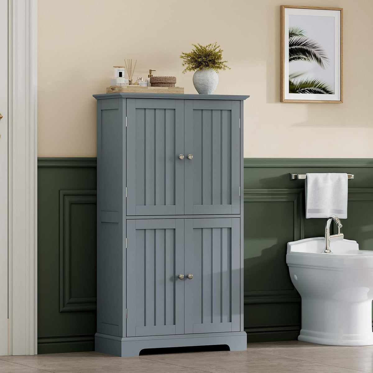 ChooChoo Bathroom Floor Cabinet, Modern Bathroom Storage Cabinet with 4 Doors and Adjustable