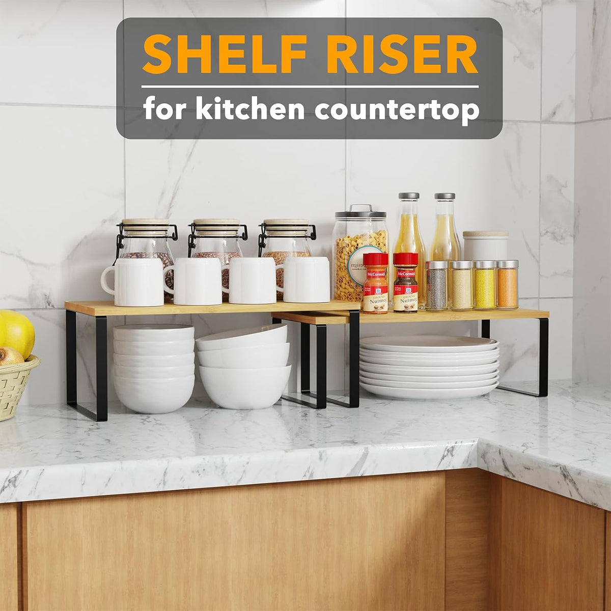 SpaceAid Cabinet Shelf Organizers 2 Pack, Kitchen Counter Rack Shelves Riser, Stackable Expandable
