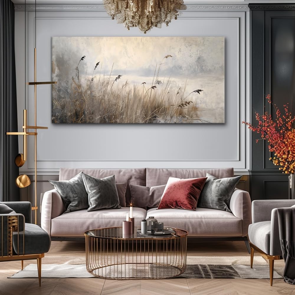 LASMOND Vintage Meadow Wall Art for Living Room Reed Grass Canvas Painting Prints Large Retro