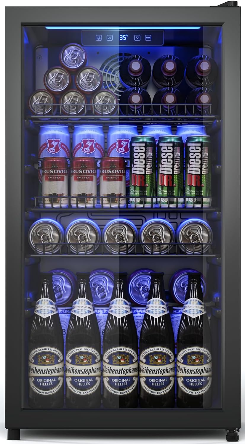 Beverage Fridge, 130 Can Mini Fridge With Glass Door, Beverage Cooler Refrigerator, Wine Drink Beer
