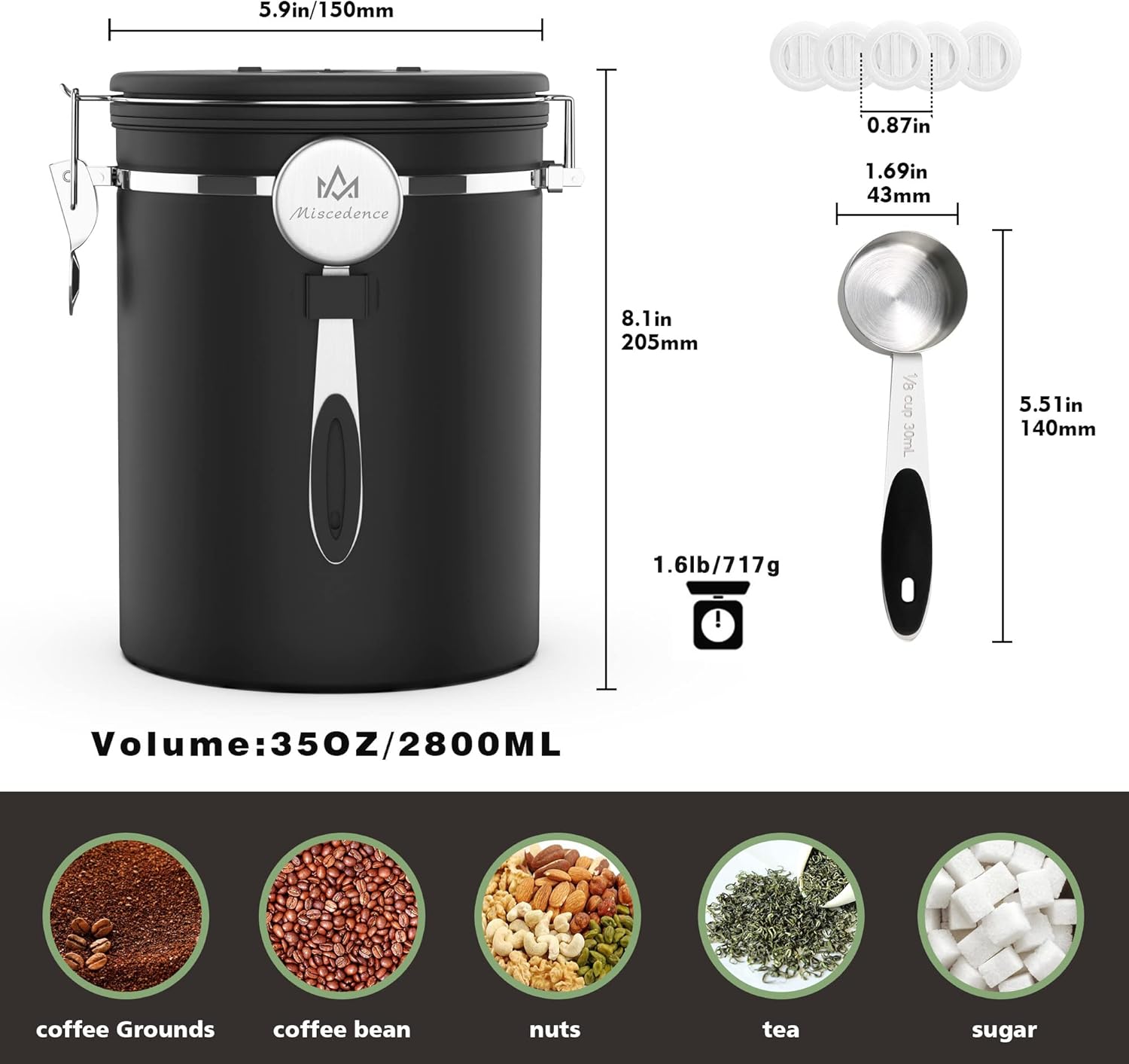 35OZ Coffee Canister for ground coffee with Date Tracker,One Way Co2 Valve 304 Stainless Steel