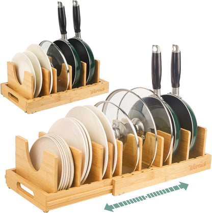 Bamboo Pot Lid Organizer, Adjustable Kitchen Organizer for Cabinet, Expandable Pot and Pan Storage