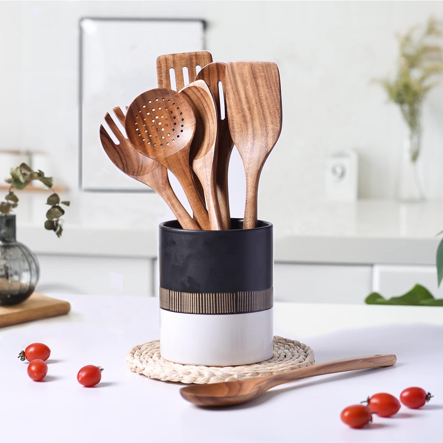 Gudamaye 13 inch Long Wooden Utensils for Cooking, Long Handle Wooden Spoons for Cooking, 7 PCES