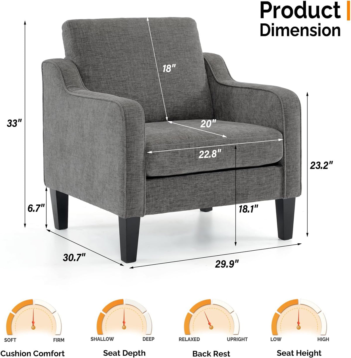 VINGLI Accent Chairs Set of 2 for Living Room, Light Grey Mid Century Modern Chair Soft Chenille