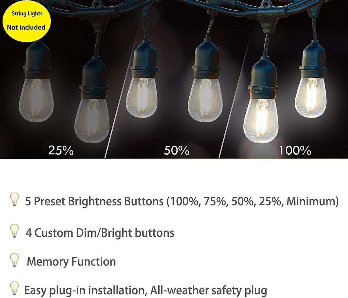 Max Power 200W Waterproof Outdoor String Lights Wireless Remote Control, 150Feet Range, Memory