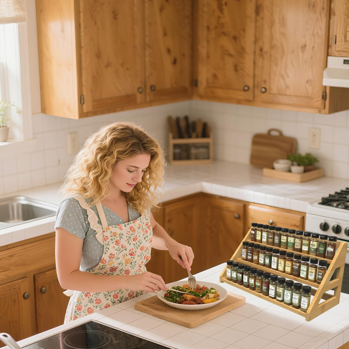 Spice Rack Organizer for Spice Jars: Large Bamboo 3-Tiered Seasoning Rack for Countertop, Kitchen