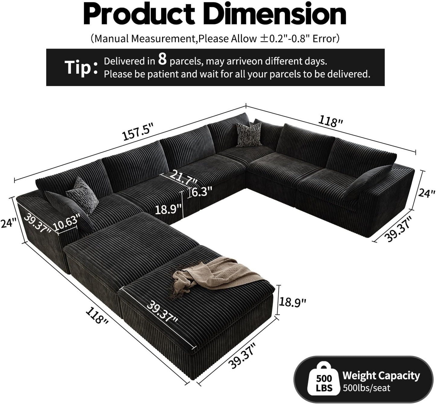 157.5" Cloud Couch Oversized Modular Sectional Sofa for Living Room,Modern Sofa with Deep Seat，8