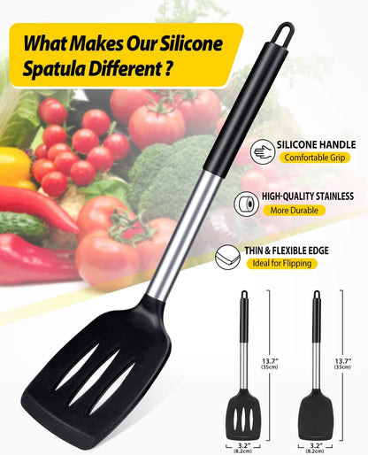 Pack of 2 Silicone Solid Turner, Non Stick Slotted Kitchen Spatulas, High Heat Resistant BPA Free