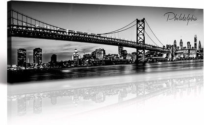DJSYLIFE- Philadelphia Skyline Wall Art,Black and White Stretched Canvas Wall Art Prints for