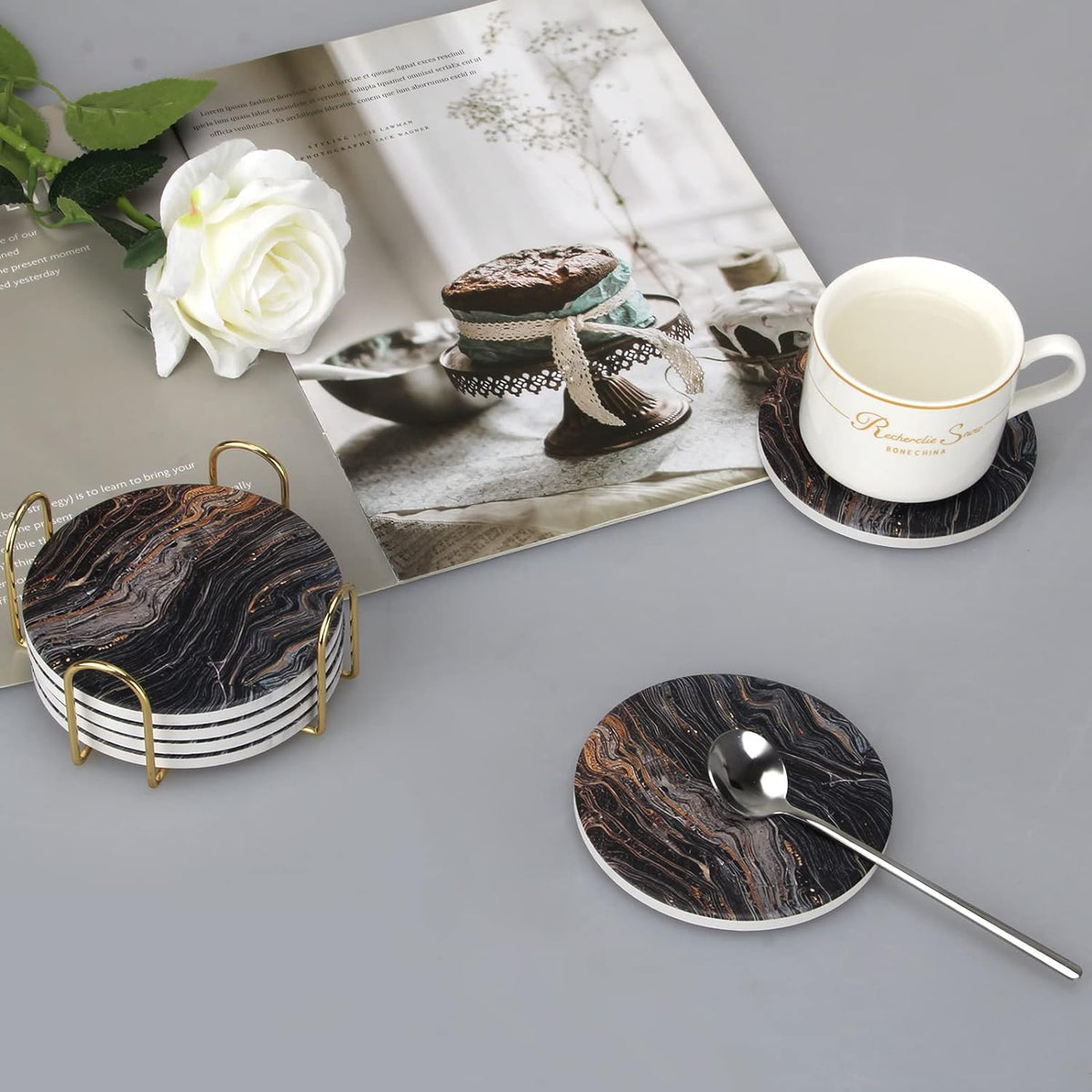 White Marble Style Ceramic Coasters Set of 6 with Holder Round Modern Coffee Table Decor Drink
