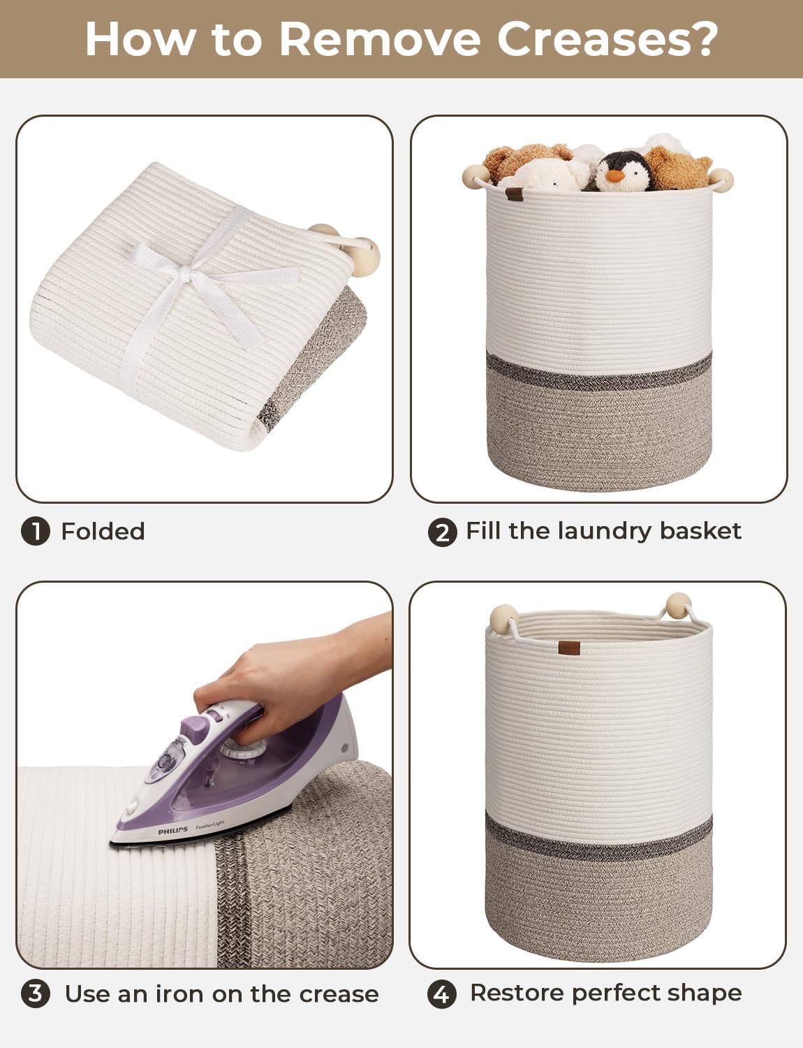 StorageWorks 72L Cotton Rope Laundry Basket with Wooden Beads Handles, Woven Basket for Storage