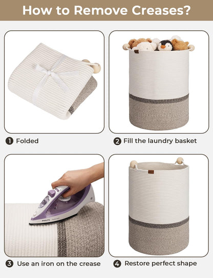 StorageWorks 72L Cotton Rope Laundry Basket with Wooden Beads Handles, Woven Basket for Storage