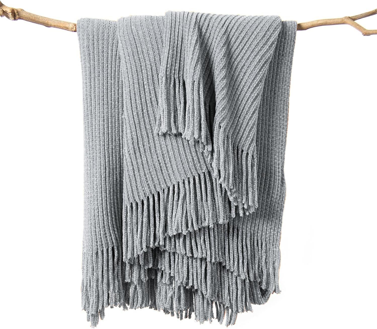 lifein Throw Blanket for Couch, Soft Boho Decor Bed Throw,Cozy Grey Knitted Chenille Small