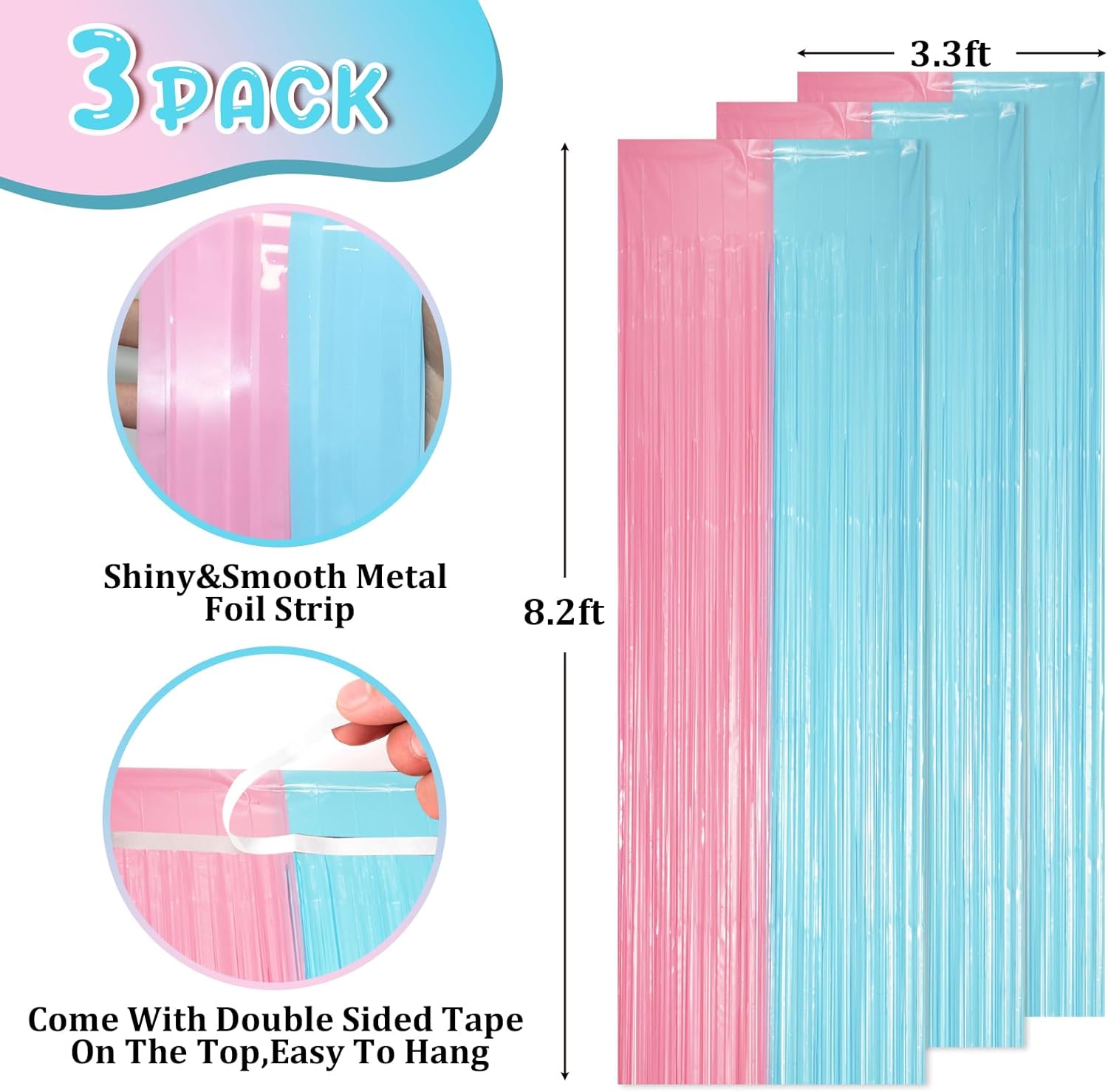 3 Pack 3.3 x 8.2 ft Pastel Blue and Pink Foil Fringe Backdrop Curtains, Tinsel Streamers Party