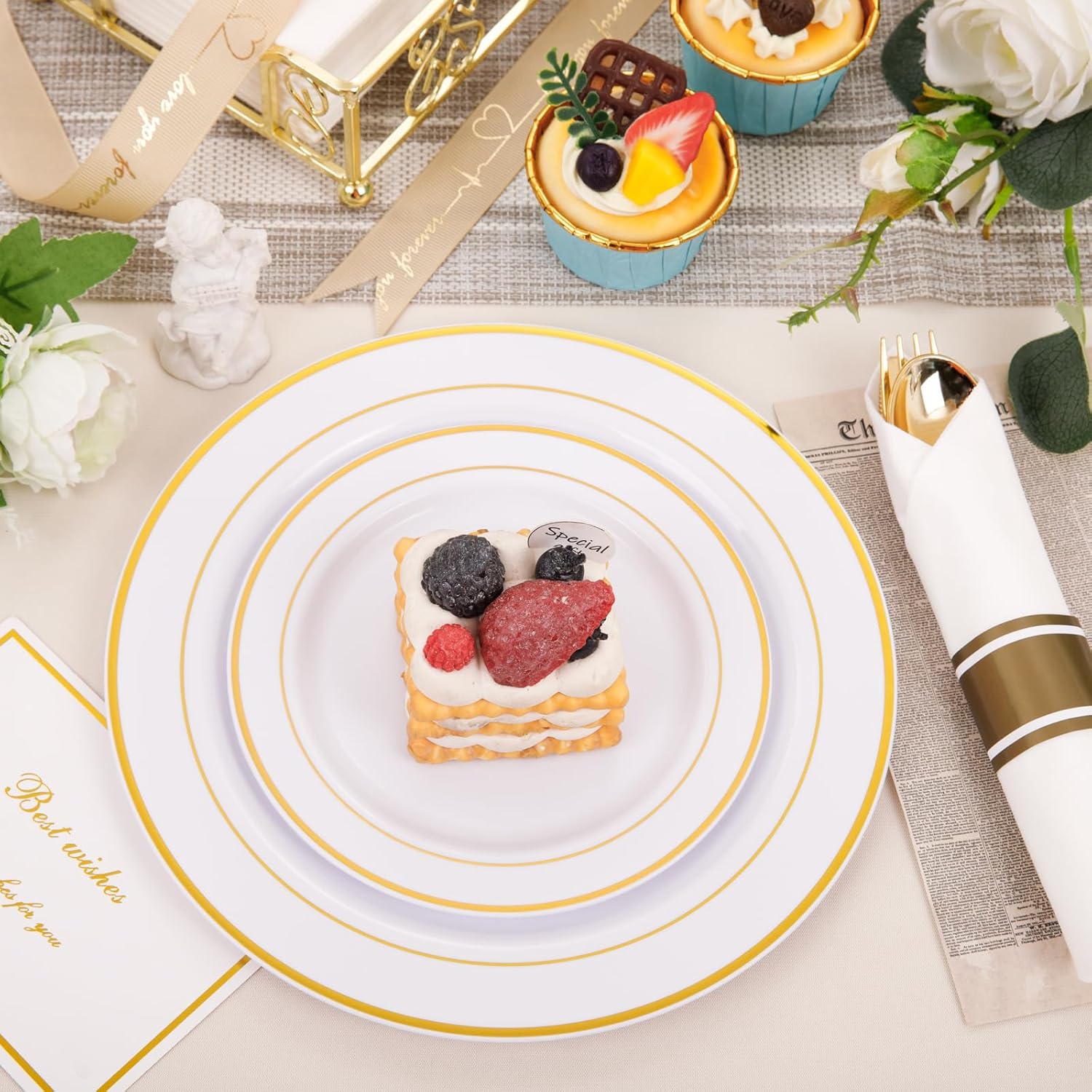 350Piece Gold Dinnerware Set for 50 Guests - Gold Plastic Plates with Disposable Cutlery