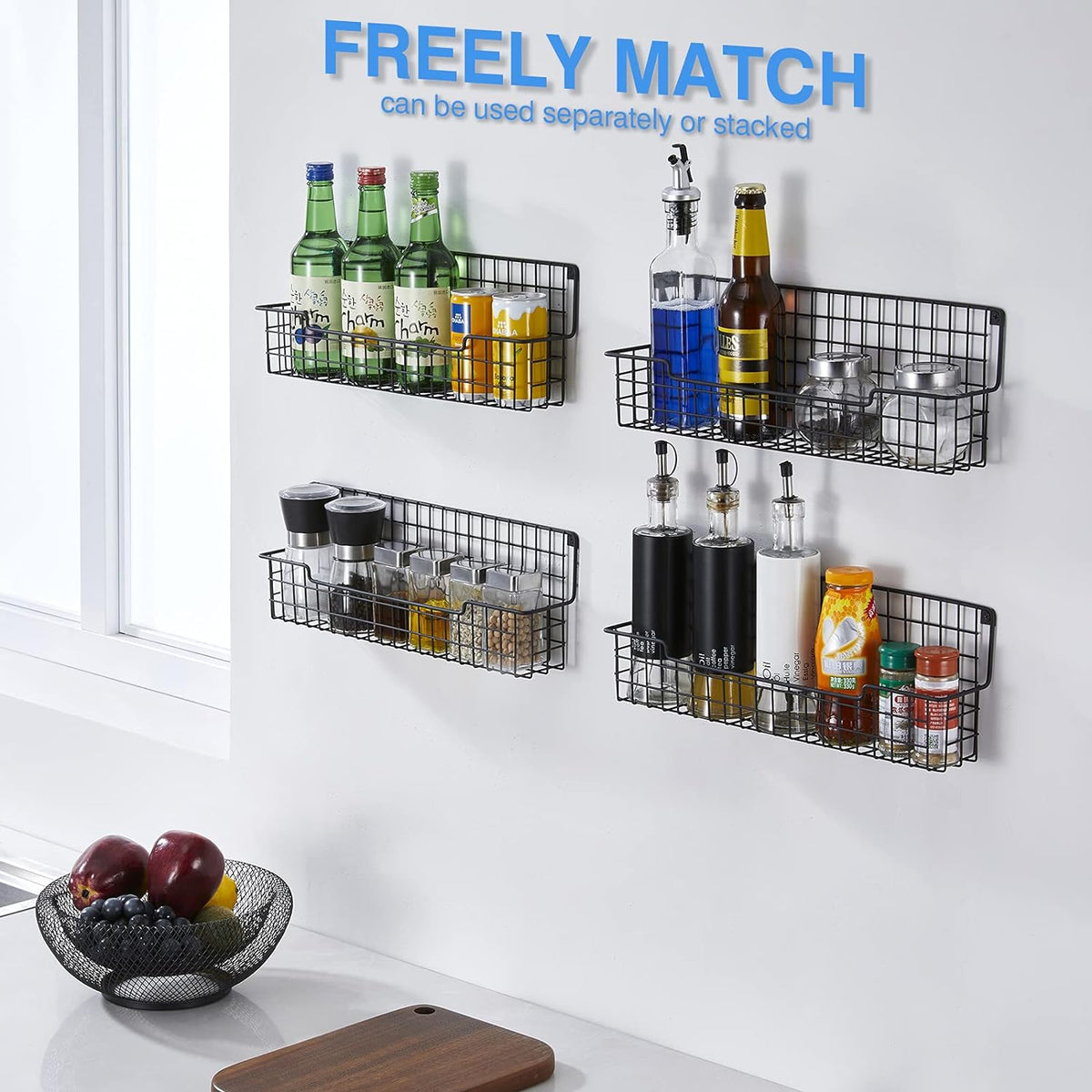 Spice Rack Wall Mount, Spice Organizer for Cabinet & Pantry Door, Set of 4 Hanging Spice Rack