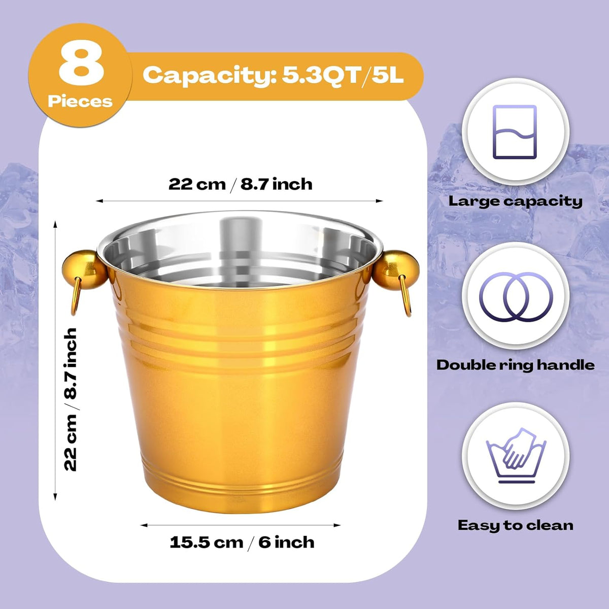 Amyhill 8 Pack Stainless Steel Ice Bucket 5.3 Quart/ 5 Liter with Handle Large Insulated Champagne
