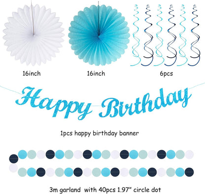 Light-Royal Blue White Birthday Party-decorations - 21pcs Boys Men Ocean Happy Banner,Navy Dusty