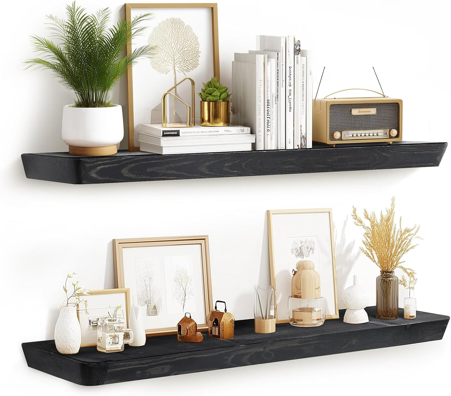 36"x6.8"x1.6" Slanted Floating Wall Shelves 2-Pack - Rustic Black Finish, Heavy-Duty Solid Wood