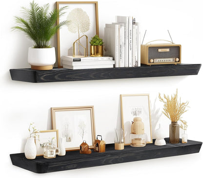 36"x6.8"x1.6" Slanted Floating Wall Shelves 2-Pack - Rustic Black Finish, Heavy-Duty Solid Wood