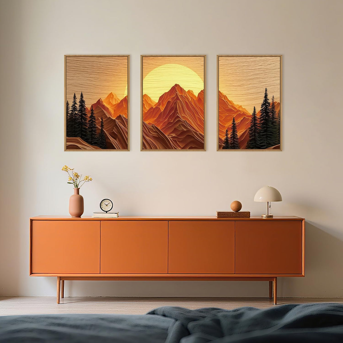 Large Mountain Framed Canvas Wall Art Set, Abstract Ridge Sun Painting, Boho Sunset Scenery Wall