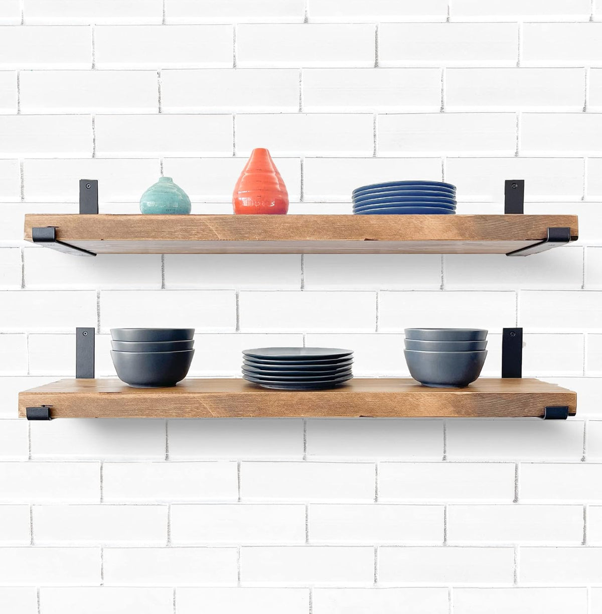 Rustic Shelves with J-Brackets Set of 2, Industrial Shelf, Kitchen Shelves, Solid Wood, Decorative