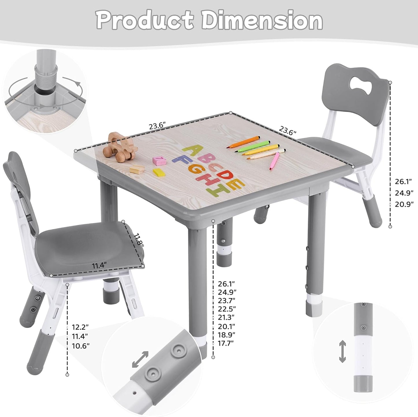Toddler Table and Chair Set, Height Adjustable-Upgrade Kids Table and 2 Chairs for Ages 3-8